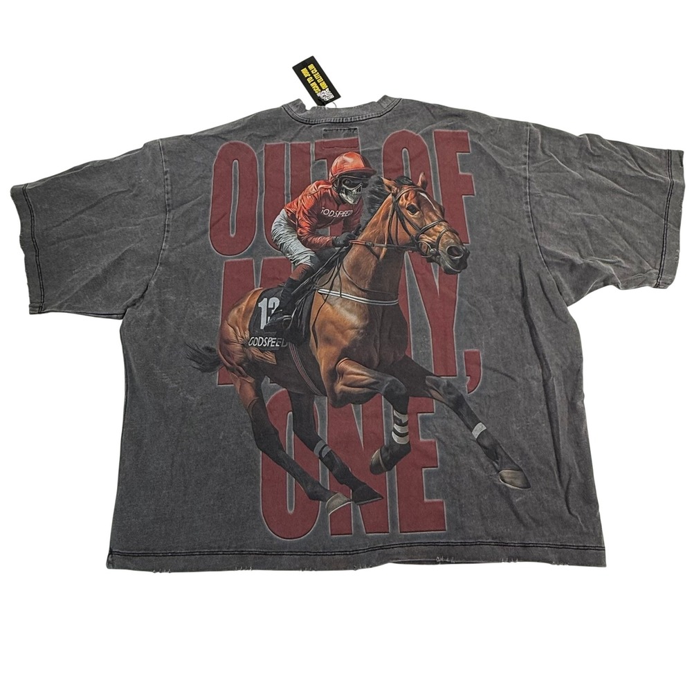 Godspeed Skeleton Horse Racing Graphic T-Shirt Charcoal Grey Mineral Wash New - Picture 2 of 14